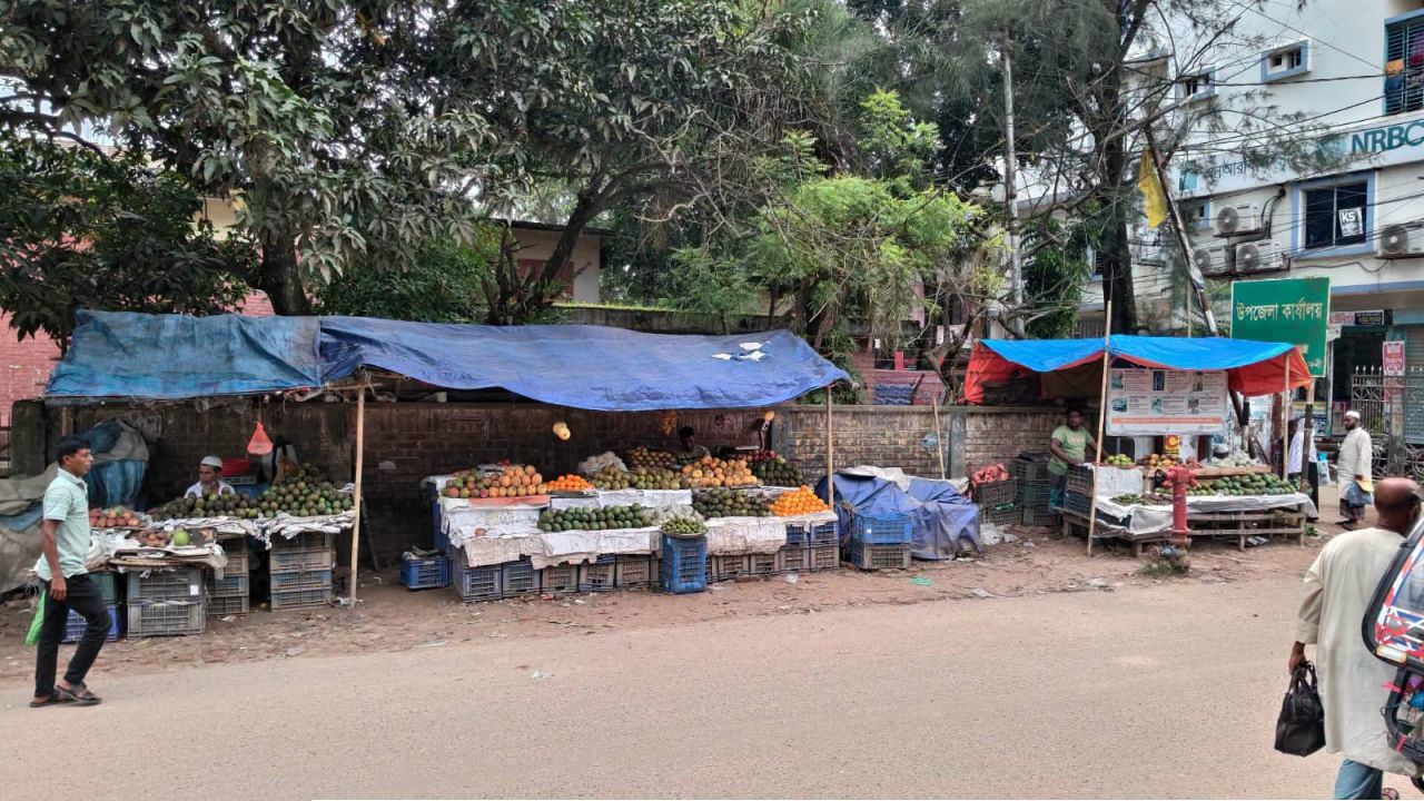 পরশুরামের প্রধান সড়কে ফুটপাত দখল করে ফলের বাজার, মনিটরিং নেই - অভিযোগ স্থানীয়দের
